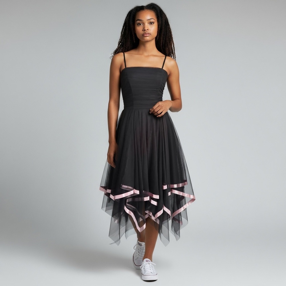 Vintage B. Smart Whimsical Black and Pink Asymmetrical Hem Dress